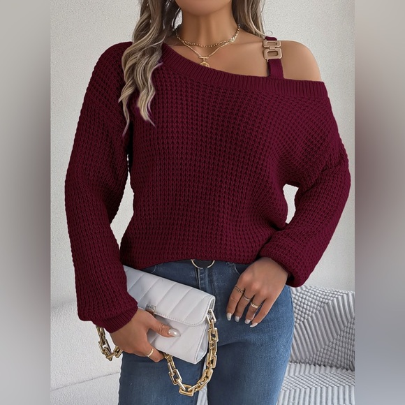 Asymmetrical Neck Long Sleeve Sweater - Picture 1 of 15